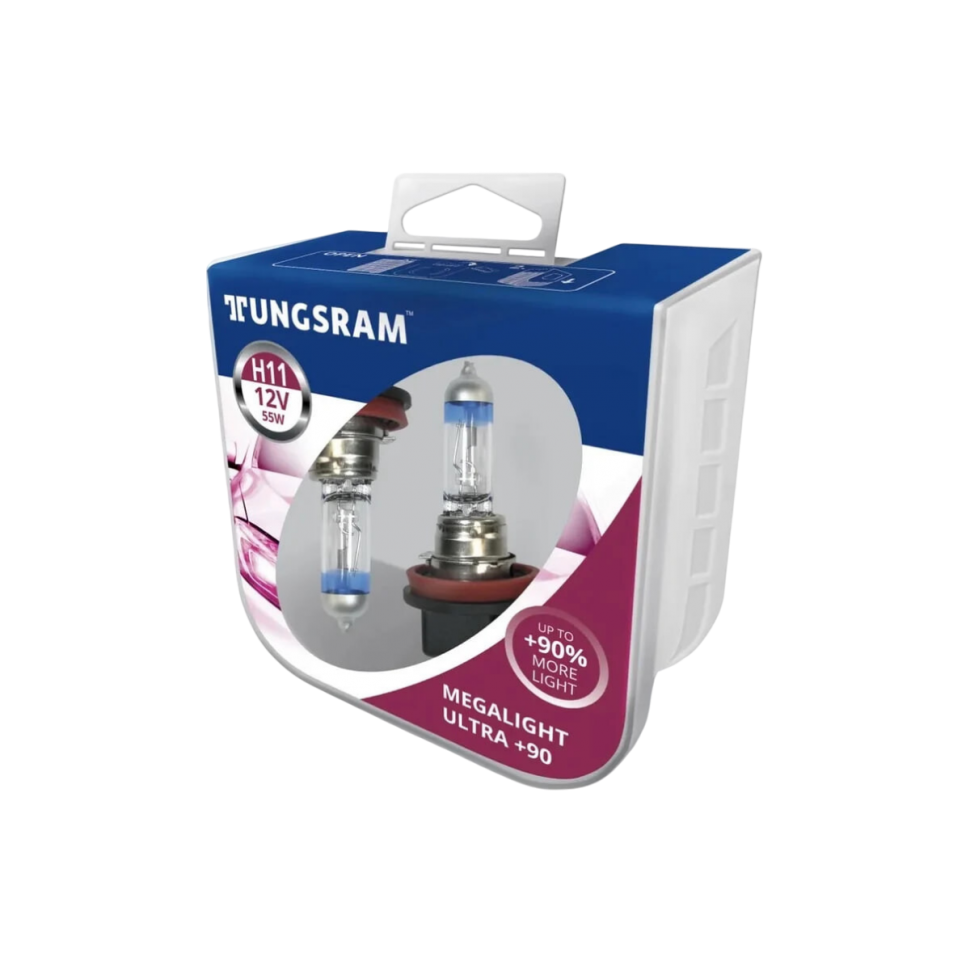Галогенная лампа Tungsram Megalight Ultra +90 53110SXU PB2 / H11 / PGJ19-2 / 3800K / 1350Лм / 55Вт / теплый белый